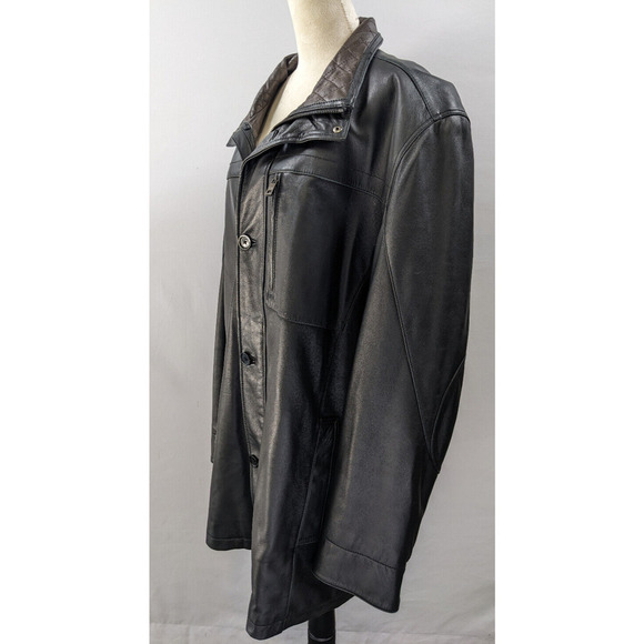 Andrew Marc Leather Coat Black Size XL Jacket Brown Contrasting Collar Pockets - Picture 9 of 9